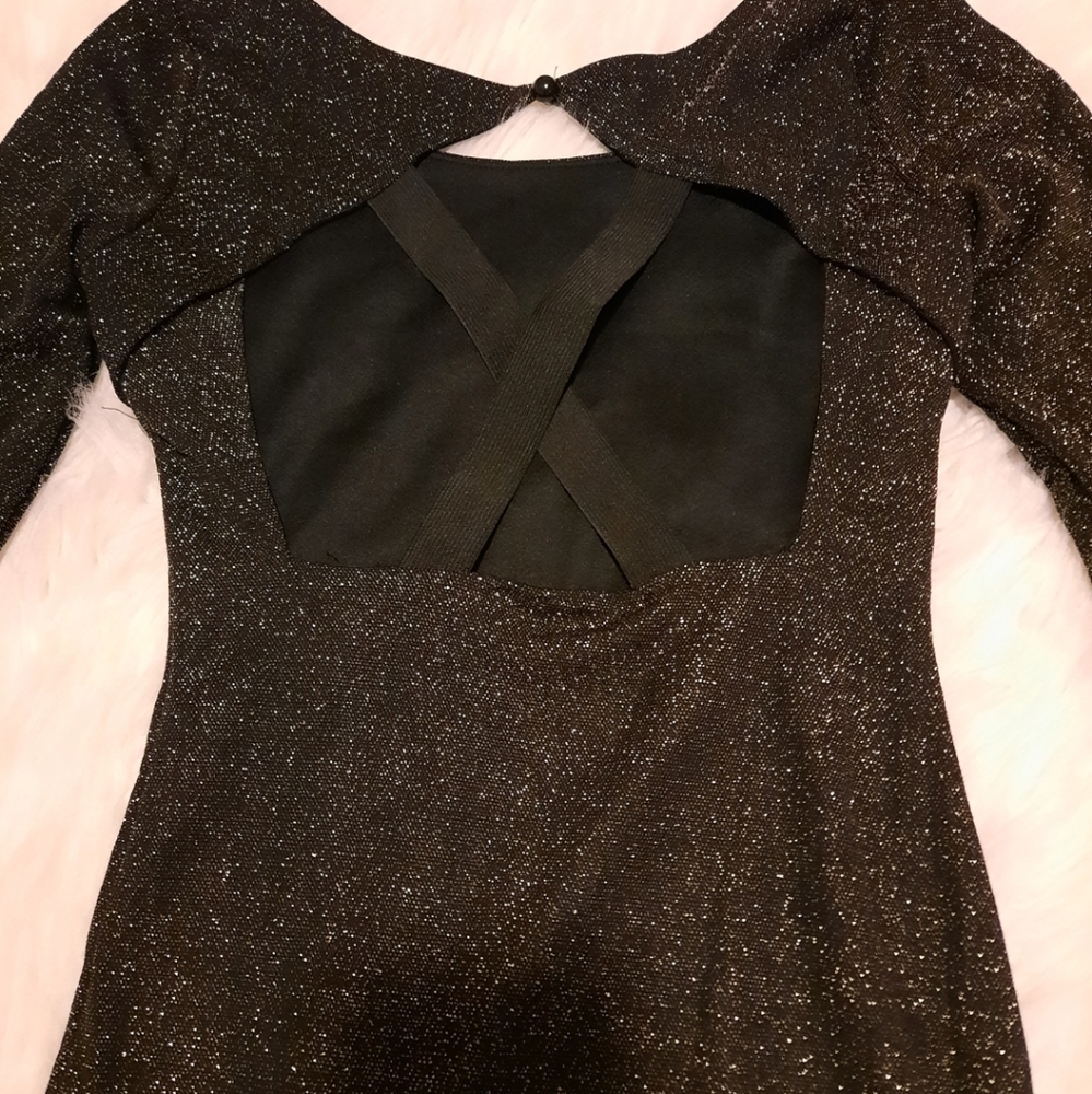 Long Sleeve Gold Glittered Bodycon/Princess Criss Cross Cut Out Wet Seal Dress